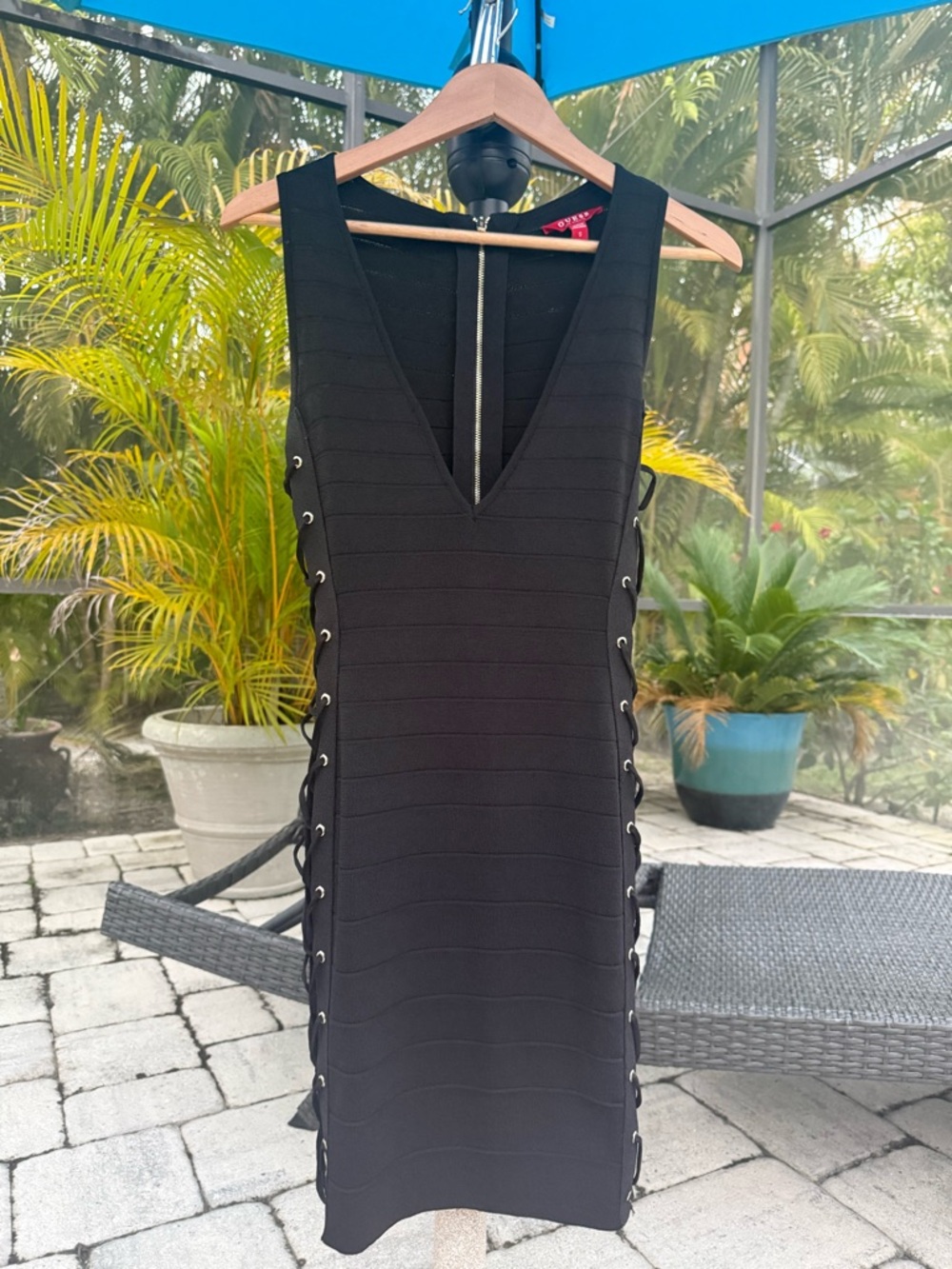 Guess Black V-Neck Midi Bandage Dress with Side Lace-Up